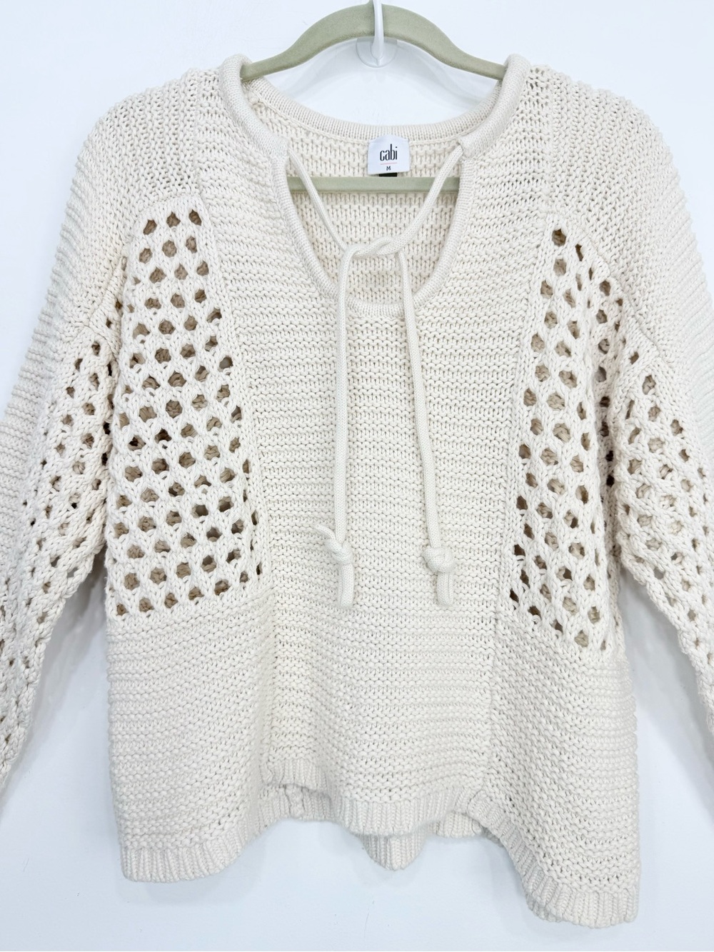 Cabi 6596 SANDBAR Pullover Cream Open Knit Slouchy Tie Front Sweater - Picture 5 of 15